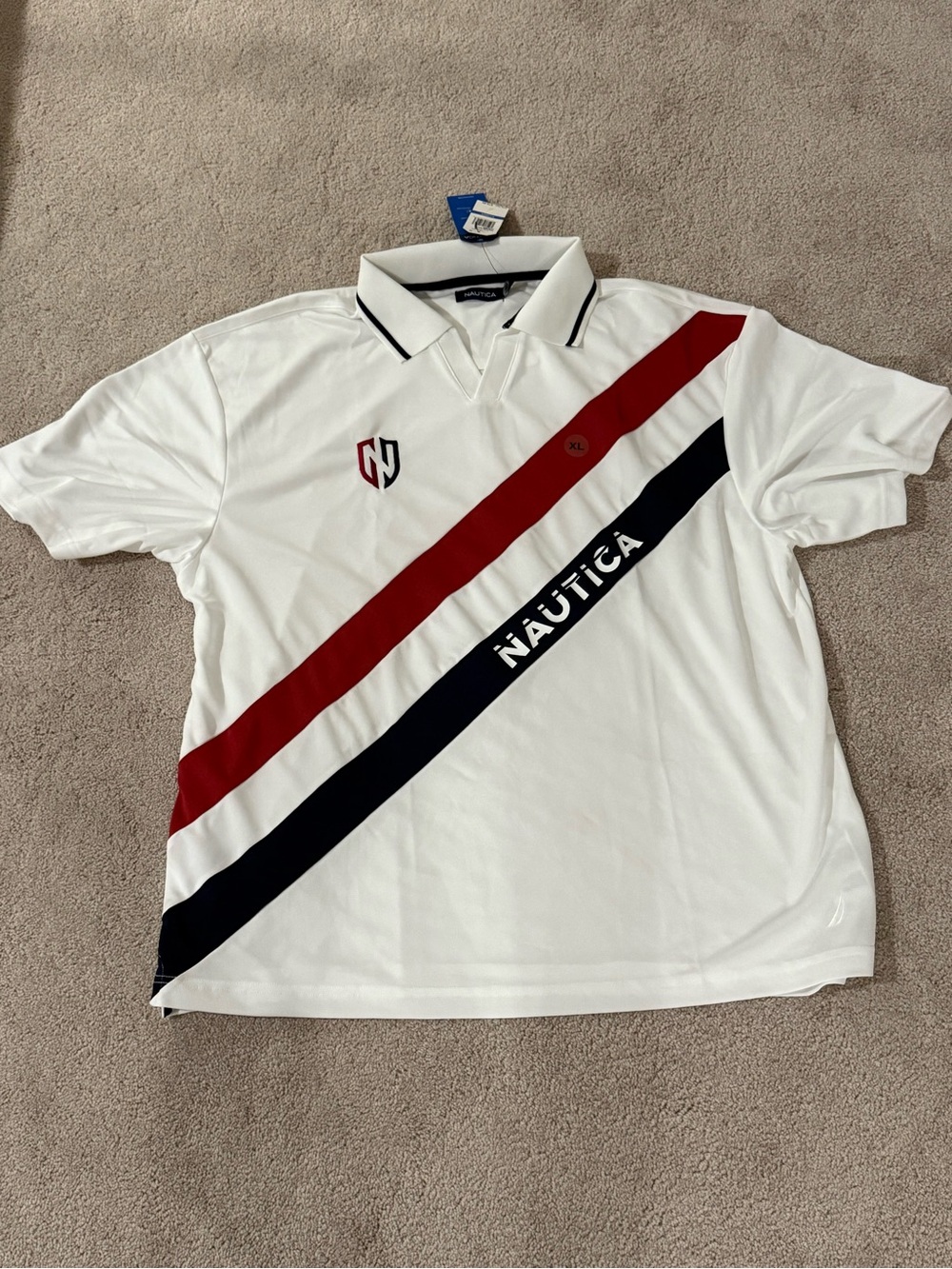 Nautica White Polo with Red and Navy Diagonal Stripes
